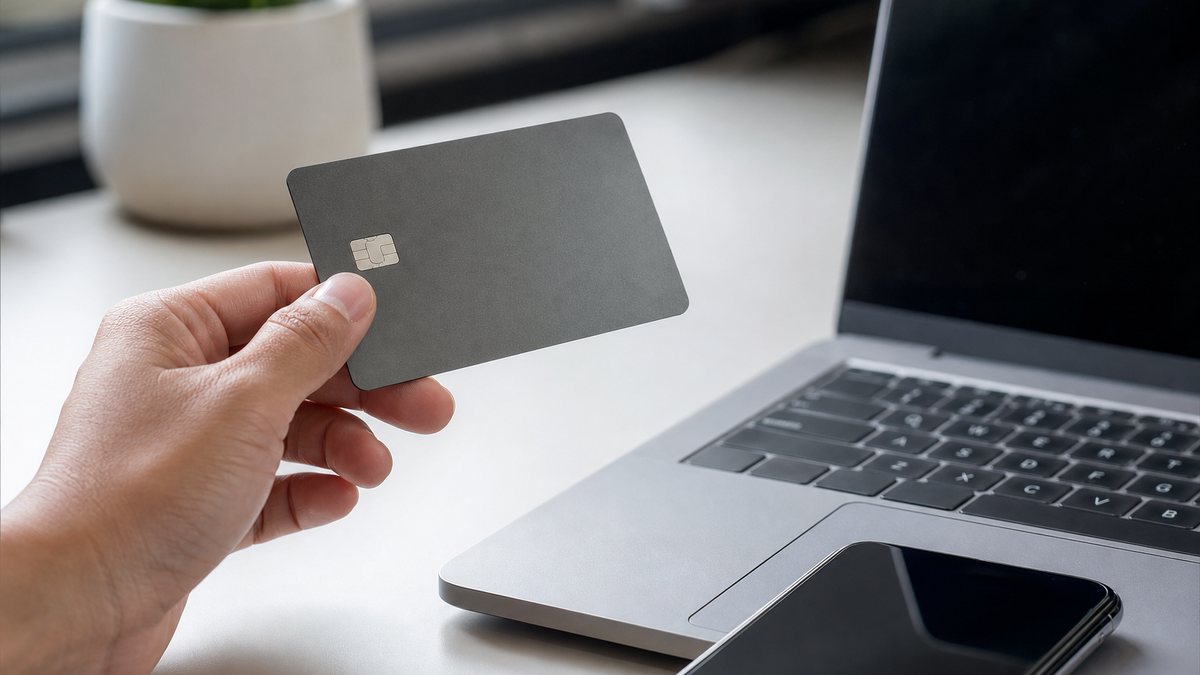 Hand holding a plain bank card beside a laptop and phone, illustrating a declined online casino deposit