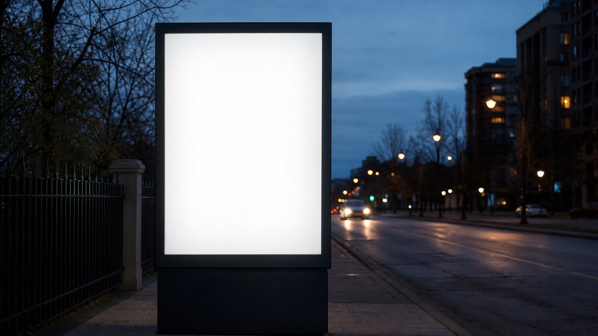 A blank illuminated billboard at dusk on a city street, illustrating the end of casino bonus advertising