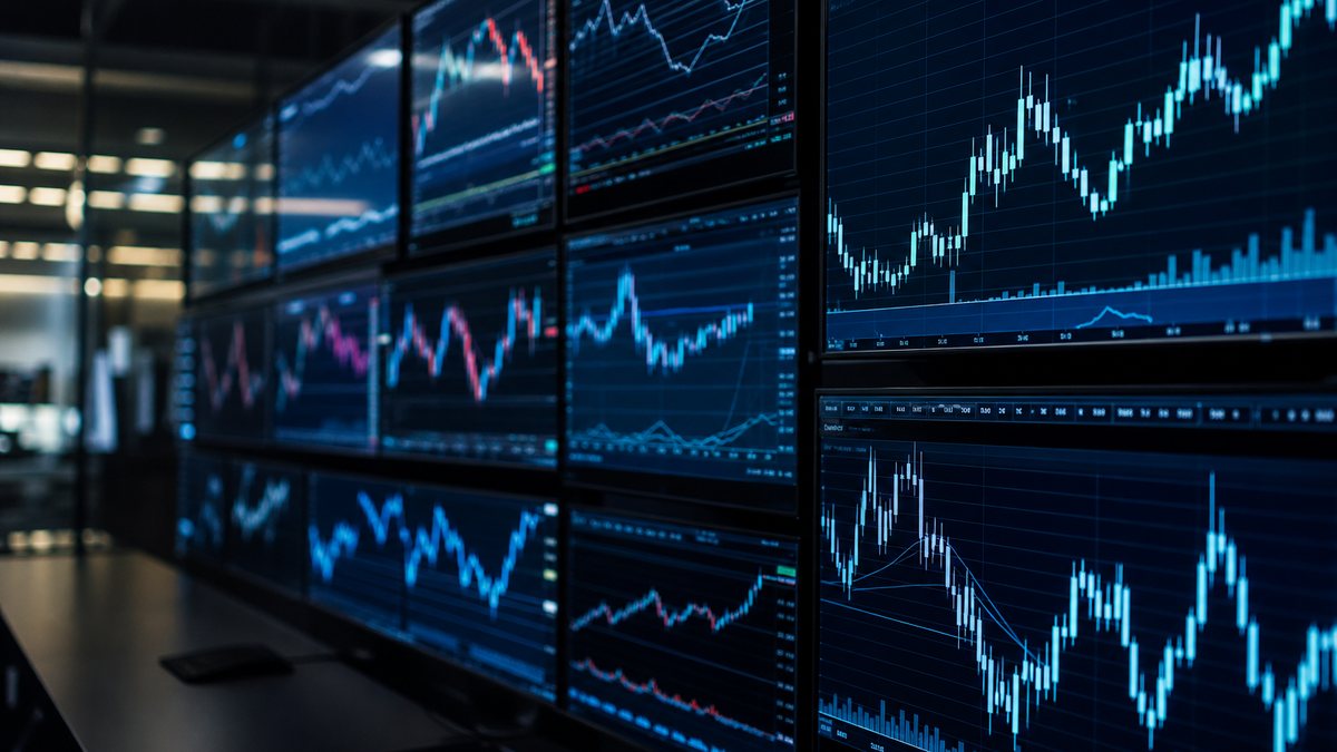 A wall of glowing financial trading screens and market charts, illustrating prediction markets and Canadian regulation