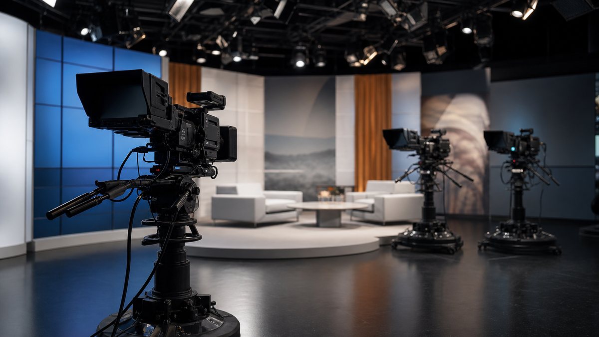 Empty television broadcast studio with cameras, illustrating Ontario's gambling advertising crackdown
