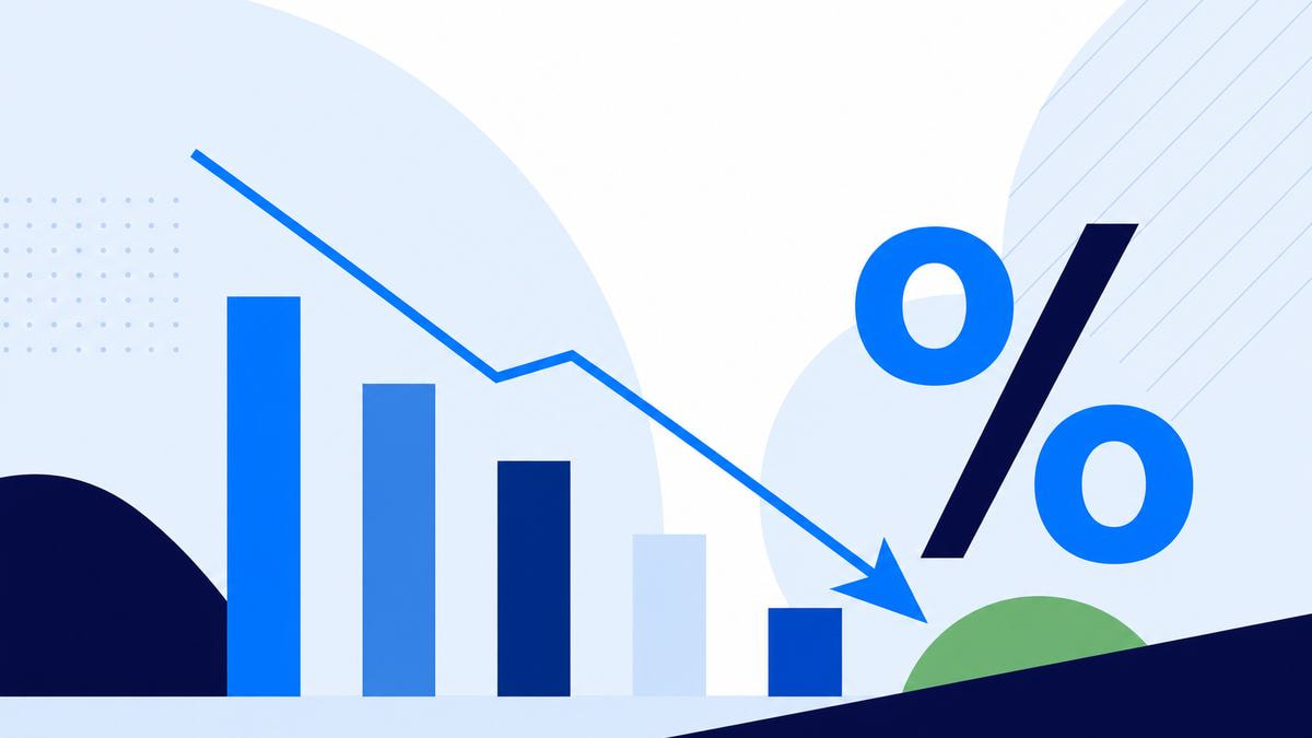 Abstract illustration of the hidden cost behind a casino bonus: descending bar shapes and a percent symbol with a downward arrow, in navy and blue
